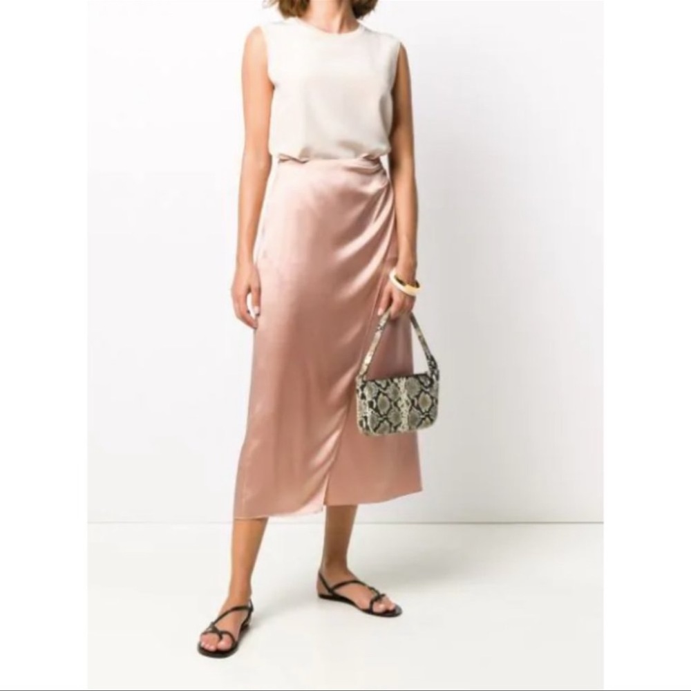 Vince Silk Petal Pink Side Pleat Wrap Midi Skirt